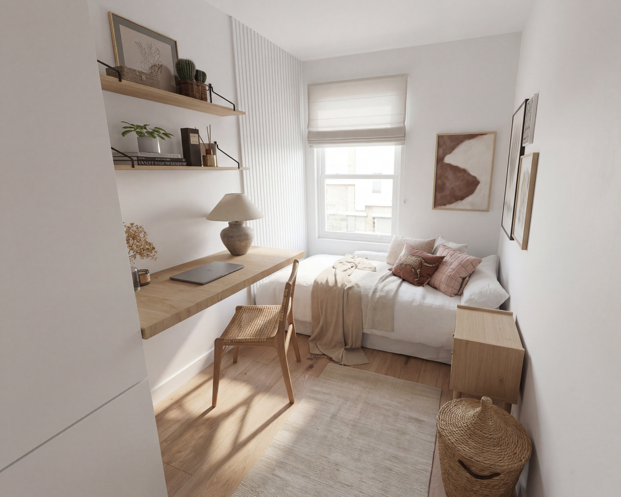 Dormitorio funcional creado con nuestro servicio de interiorismo online, optimizando espacio y luz natural.